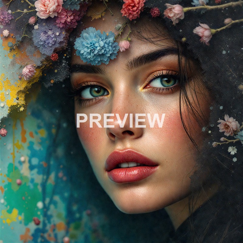A close-up portrait of a woman with striking green eyes and full lips, surrounded by an arrangement of colorful flowers and a dark veil or fabric.